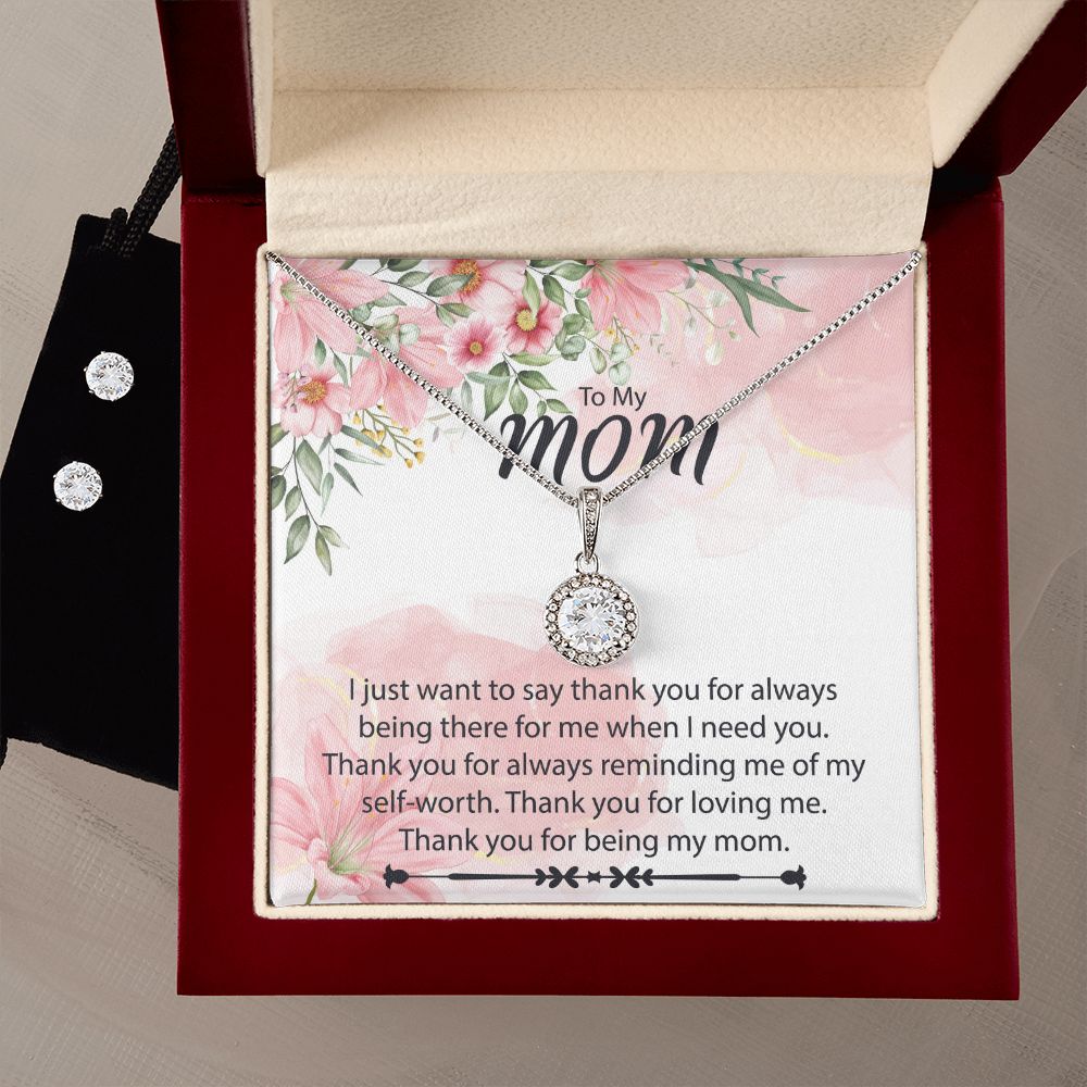 Eres tan amada mamá - Juego de collar de esperanza eterna y aretes de circonita cúbica transparente - ¡Regalo perfecto para mamá en el Día de la Madre!