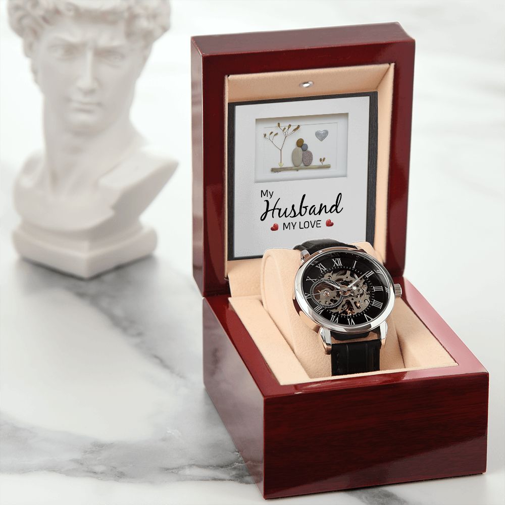 My Husband my Love - Men's OpenWork Watch with Mahogany Box - Show him he IS Special!