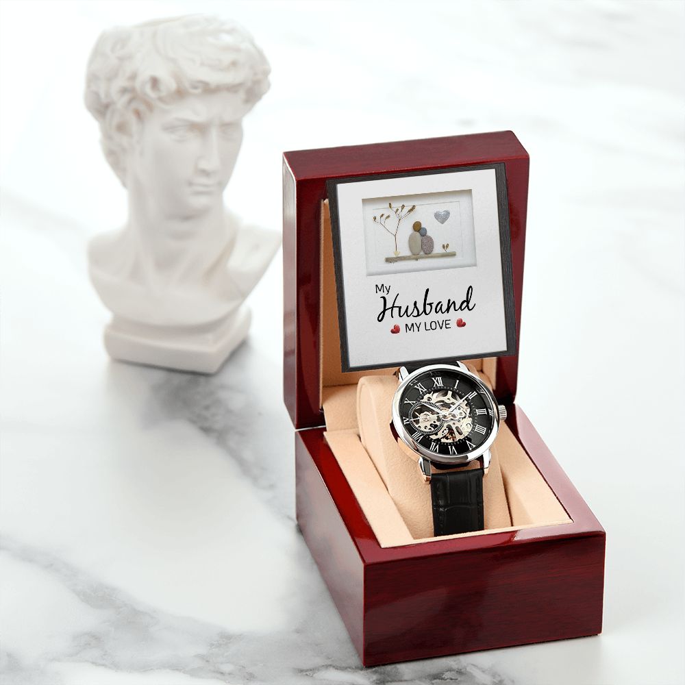 My Husband my Love - Men's OpenWork Watch with Mahogany Box - Show him he IS Special!