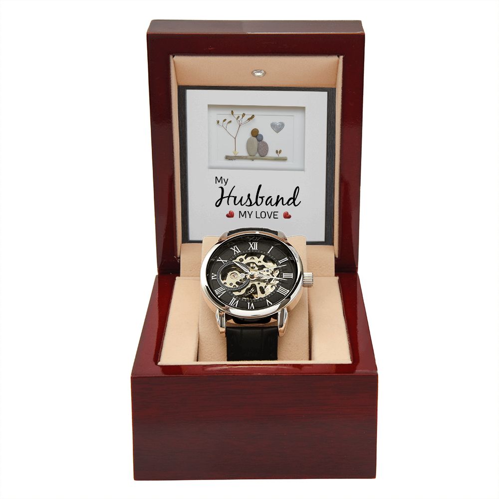 My Husband my Love - Men's OpenWork Watch with Mahogany Box - Show him he IS Special!