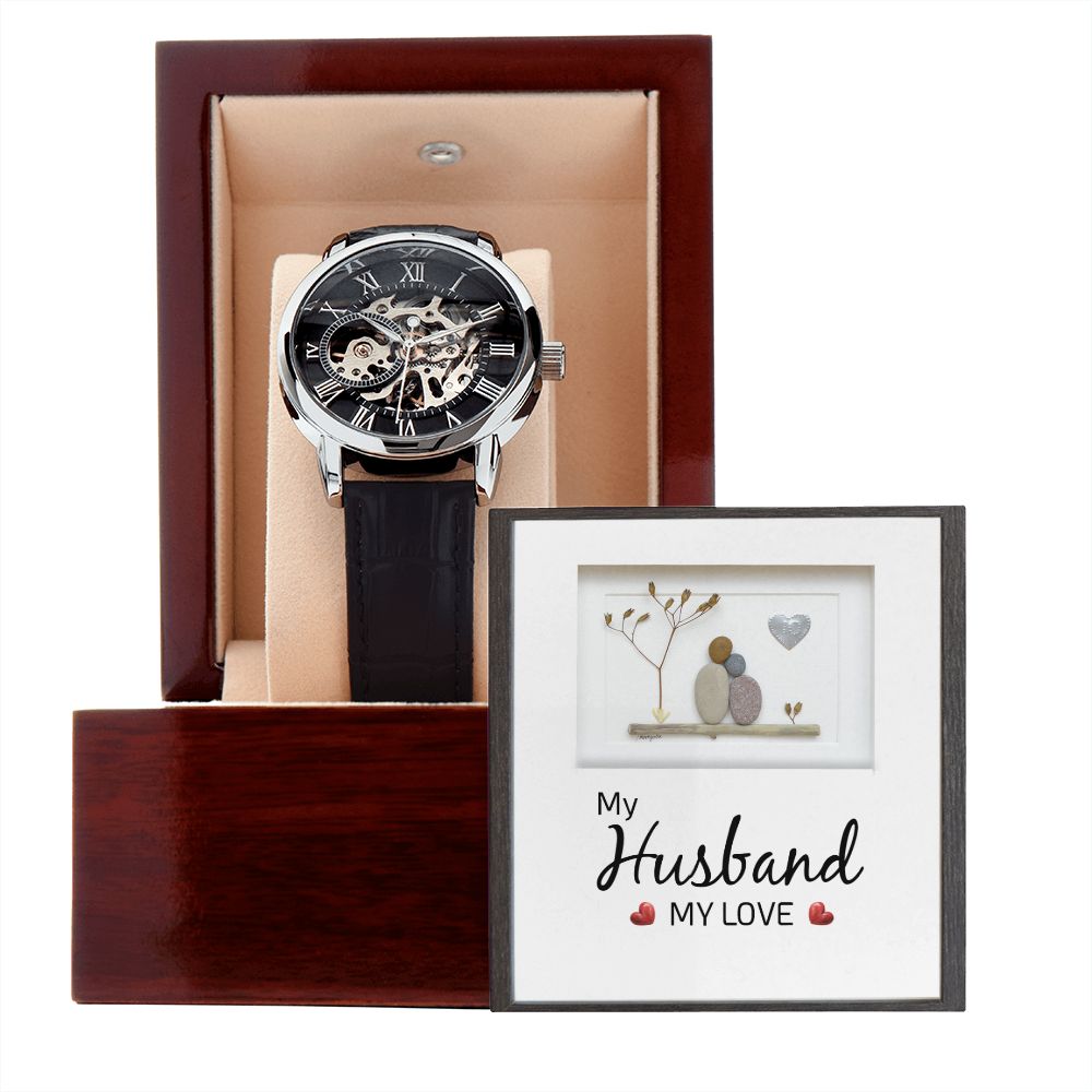 My Husband my Love - Men's OpenWork Watch with Mahogany Box - Show him he IS Special!