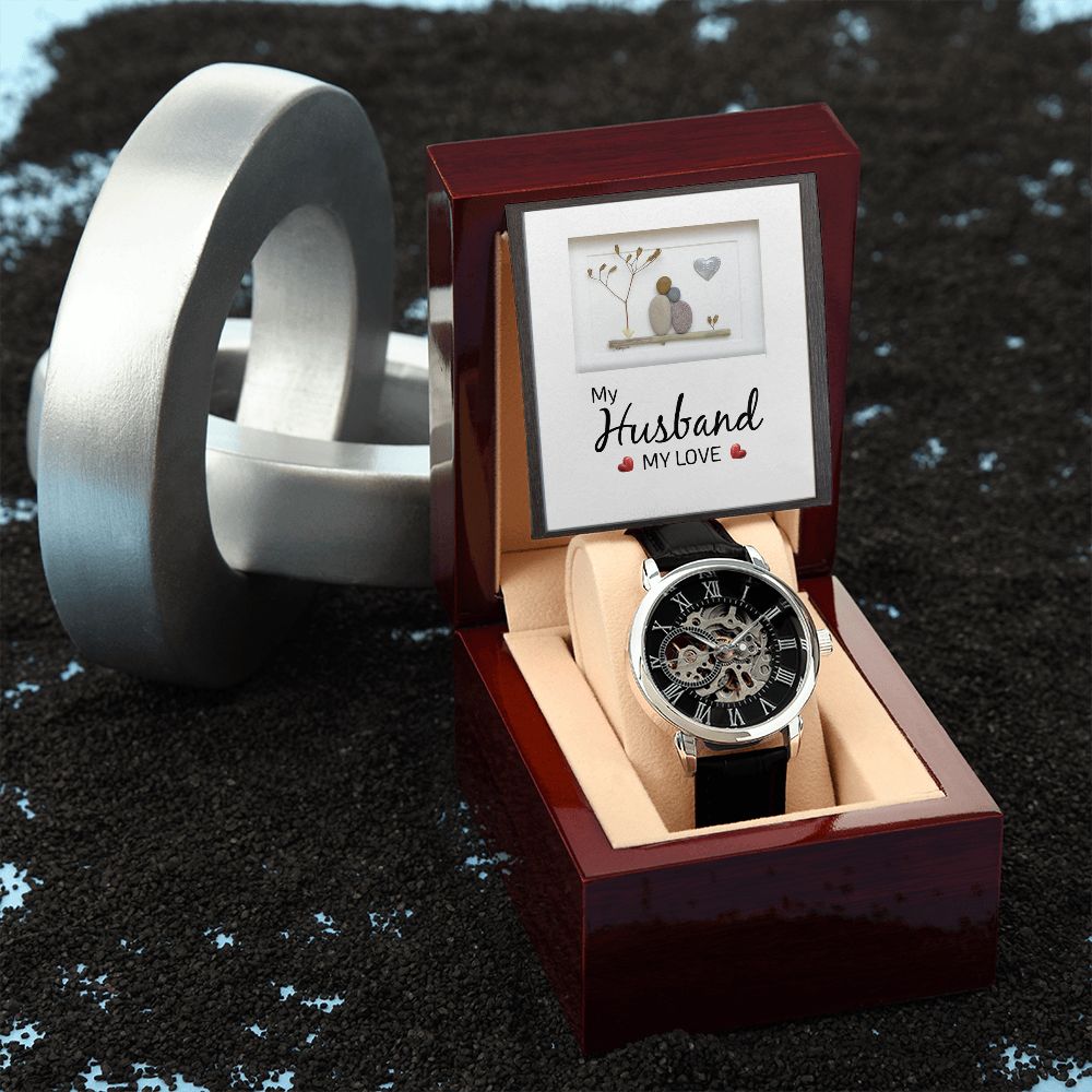 My Husband my Love - Men's OpenWork Watch with Mahogany Box - Show him he IS Special!