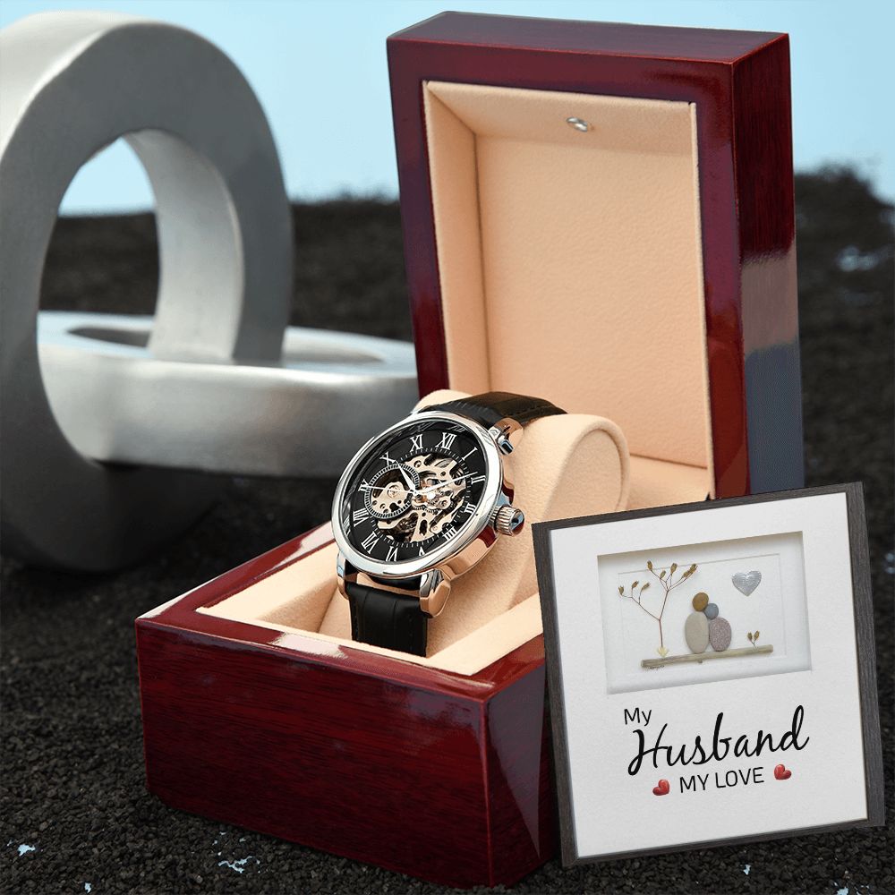 My Husband my Love - Men's OpenWork Watch with Mahogany Box - Show him he IS Special!