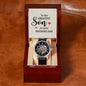 To the greatest Son on his Wedding Day! - Men's OpenWork Watch with Mahogany Box - Show him he IS Special!