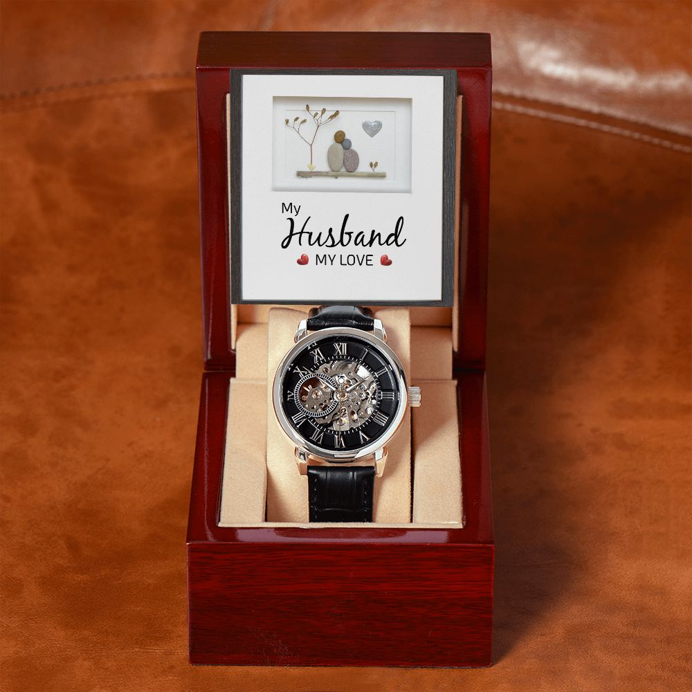 My Husband my Love - Men's OpenWork Watch with Mahogany Box - Show him he IS Special!