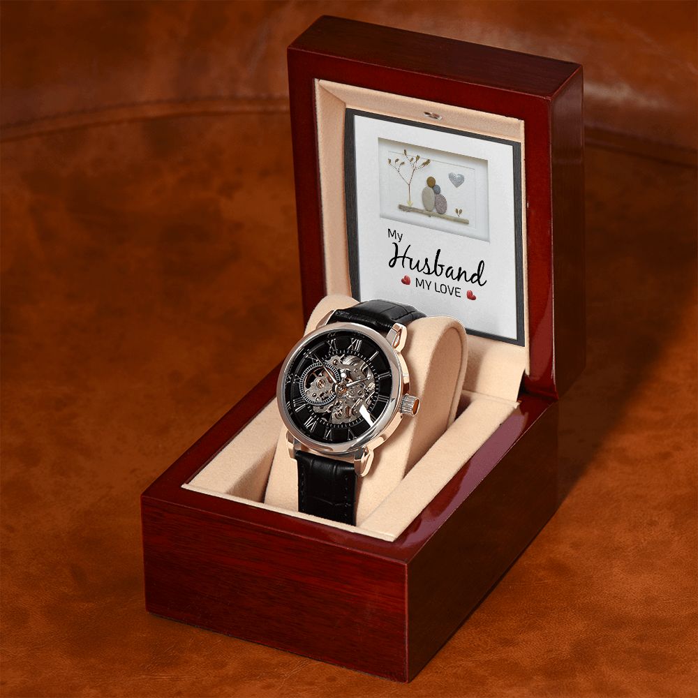 My Husband my Love - Men's OpenWork Watch with Mahogany Box - Show him he IS Special!