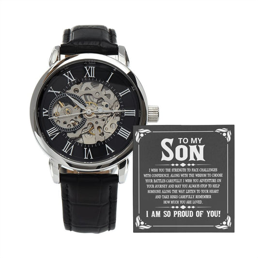 To My Son - I wish you the strength to face challenges - Men's OpenWork Watch with Mahogany Box - Show him he IS Special!