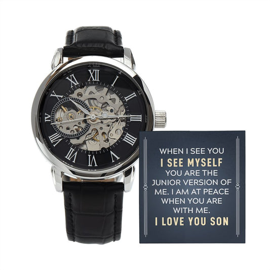 To my Son-When I see you - Men's OpenWork Watch with Mahogany Box - Show him he IS Special!