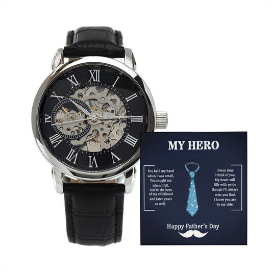 Dad my Hero - Men's OpenWork Watch with Mahogany Box - Show him he IS Special!