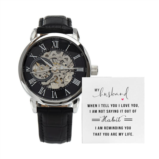 My Husband, when I tell you I love you - Men's OpenWork Watch with Mahogany Box - Show him he IS Special!