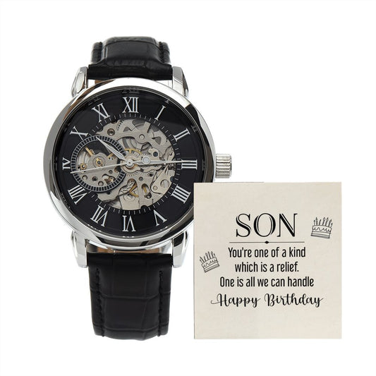 Son - you're one of a kind Men's OpenWork Watch with Mahogany Box - Show him he IS Special!