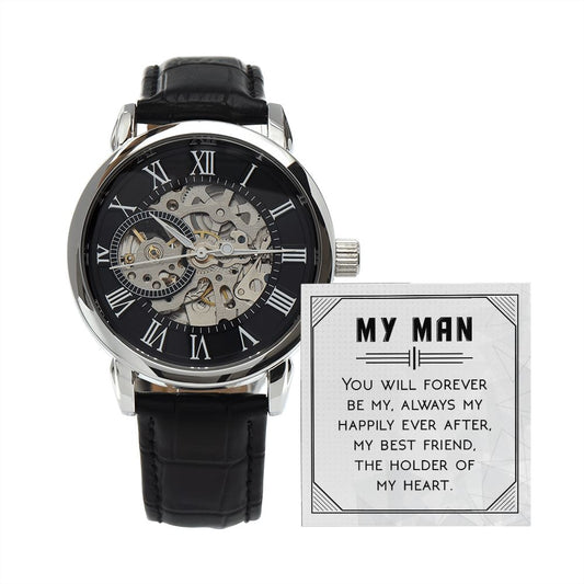 You will forever be my always - Men's OpenWork Watch with Mahogany Box - Show him he IS Special!