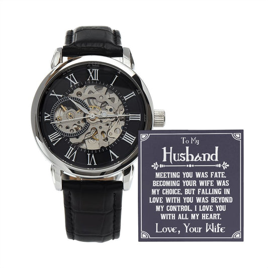 To My Husband - Meeting you was fate - Men's OpenWork Watch with Mahogany Box - Show him he IS Special!