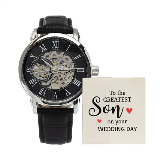 To the greatest Son on his Wedding Day! - Men's OpenWork Watch with Mahogany Box - Show him he IS Special!