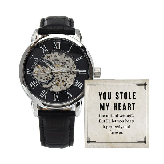 My Man-You stole my heart - Men's OpenWork Watch with Mahogany Box - Show him he IS Special!