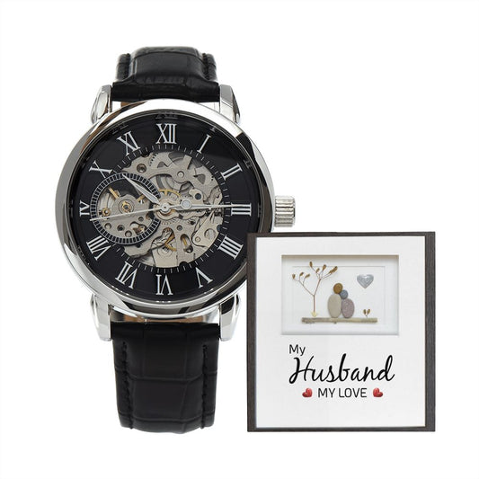 My Husband my Love - Men's OpenWork Watch with Mahogany Box - Show him he IS Special!