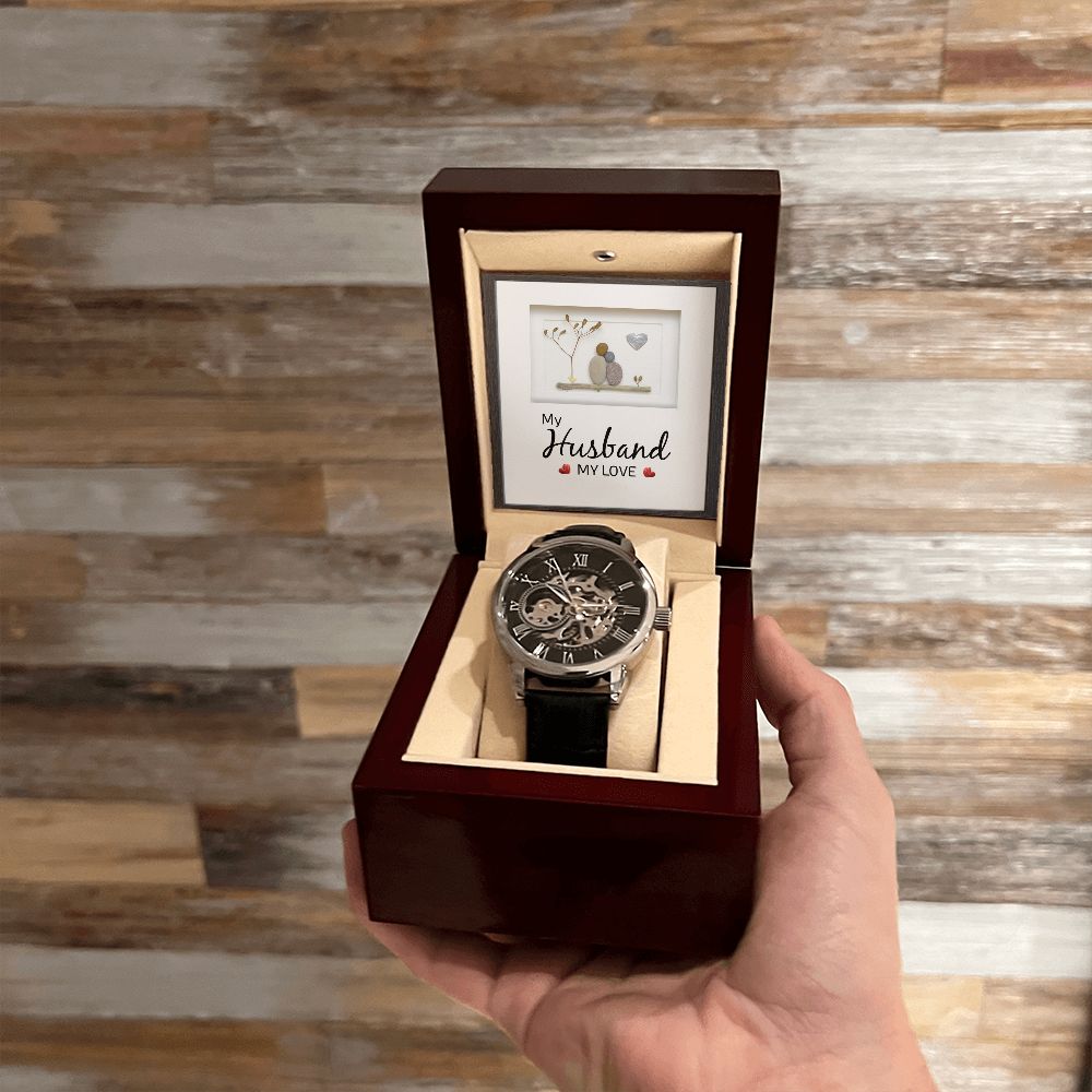 My Husband my Love - Men's OpenWork Watch with Mahogany Box - Show him he IS Special!