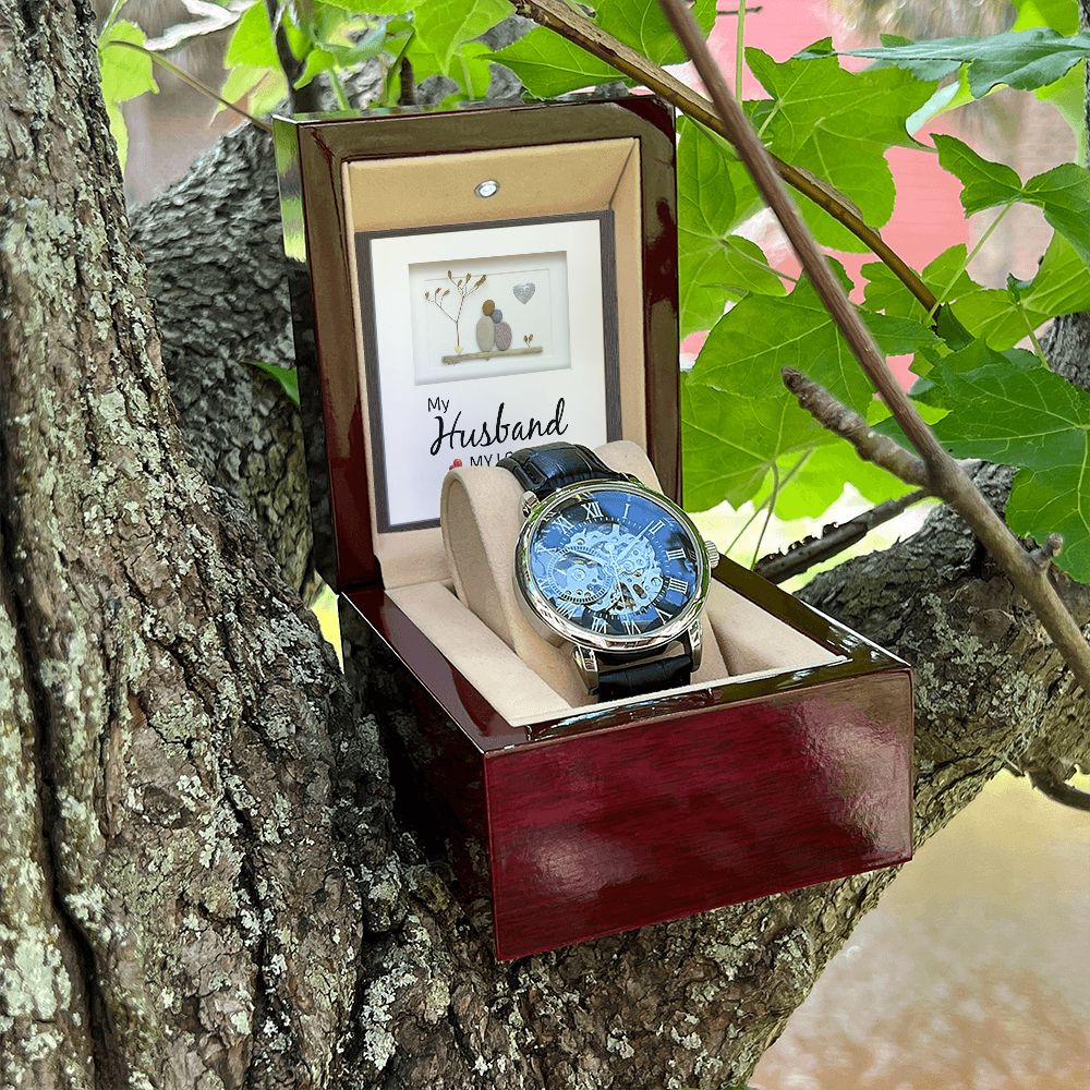 My Husband my Love - Men's OpenWork Watch with Mahogany Box - Show him he IS Special!