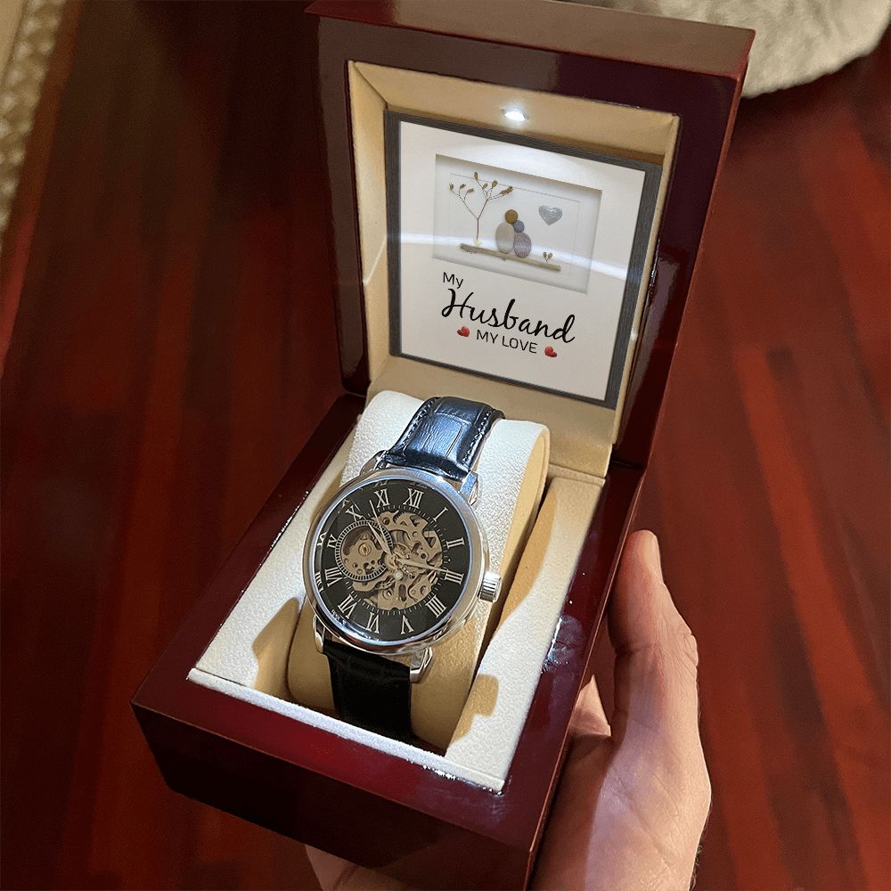 My Husband my Love - Men's OpenWork Watch with Mahogany Box - Show him he IS Special!