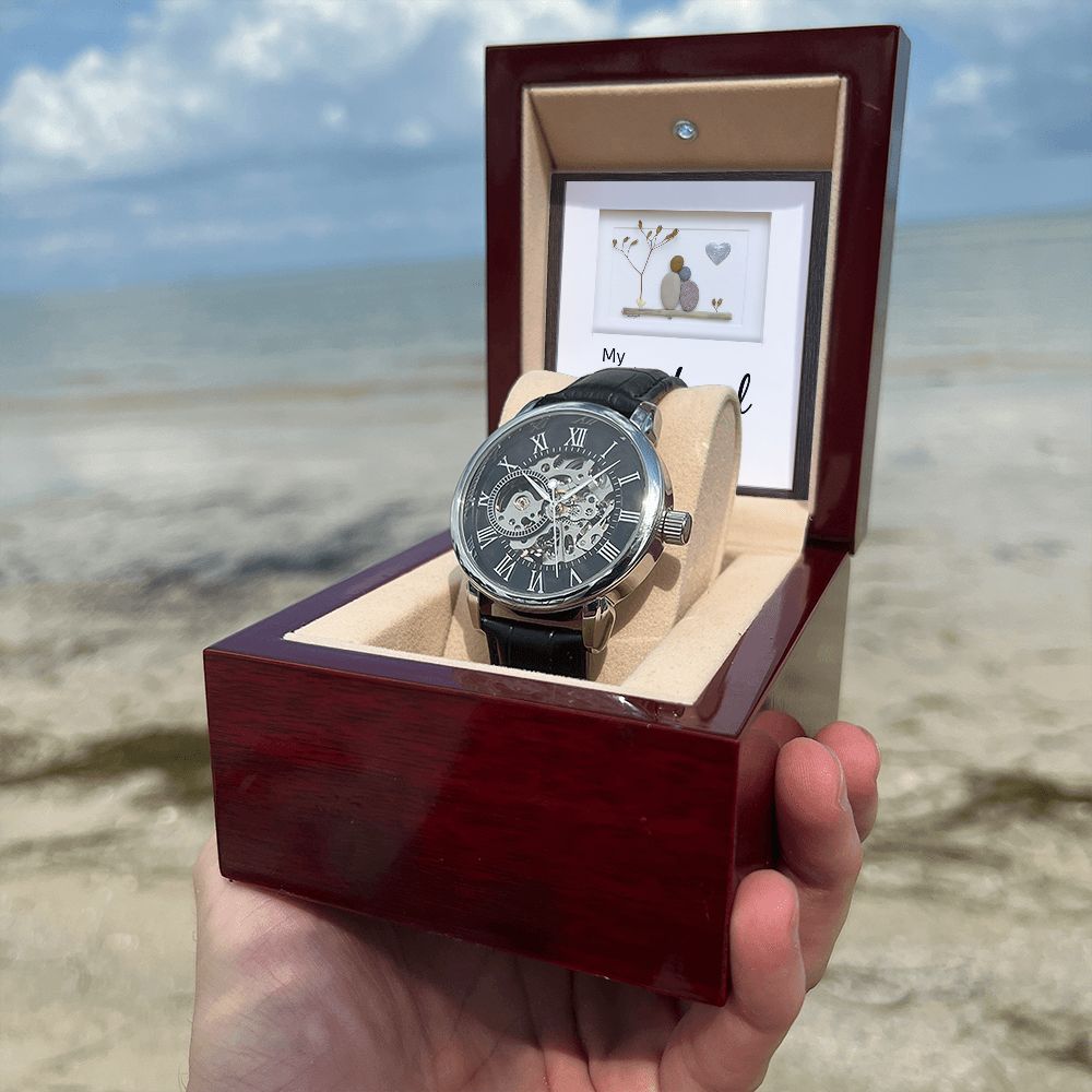 My Husband my Love - Men's OpenWork Watch with Mahogany Box - Show him he IS Special!