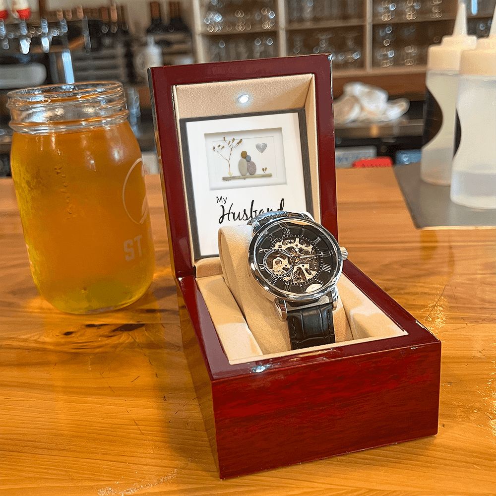 My Husband my Love - Men's OpenWork Watch with Mahogany Box - Show him he IS Special!