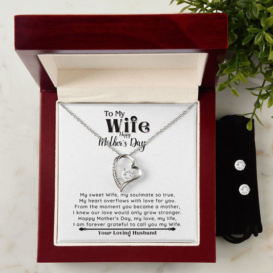 HAPPY MOTHER'S DAY to my Wife - Forever Love Necklace & Clear CZ Earrings - the Perfect Gift from your Loving Husband!