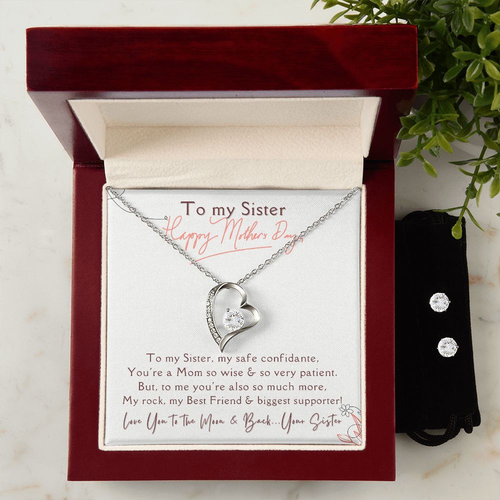 To my Sister, HAPPY MOTHER'S DAY - Forever Love Necklace & Clear CZ Earrings - the Perfect "You are Loved" Gift!