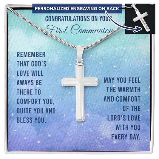 First Communion Personalized Cross Necklace - Remember God’s Love.  Perfect Gift for him or her!