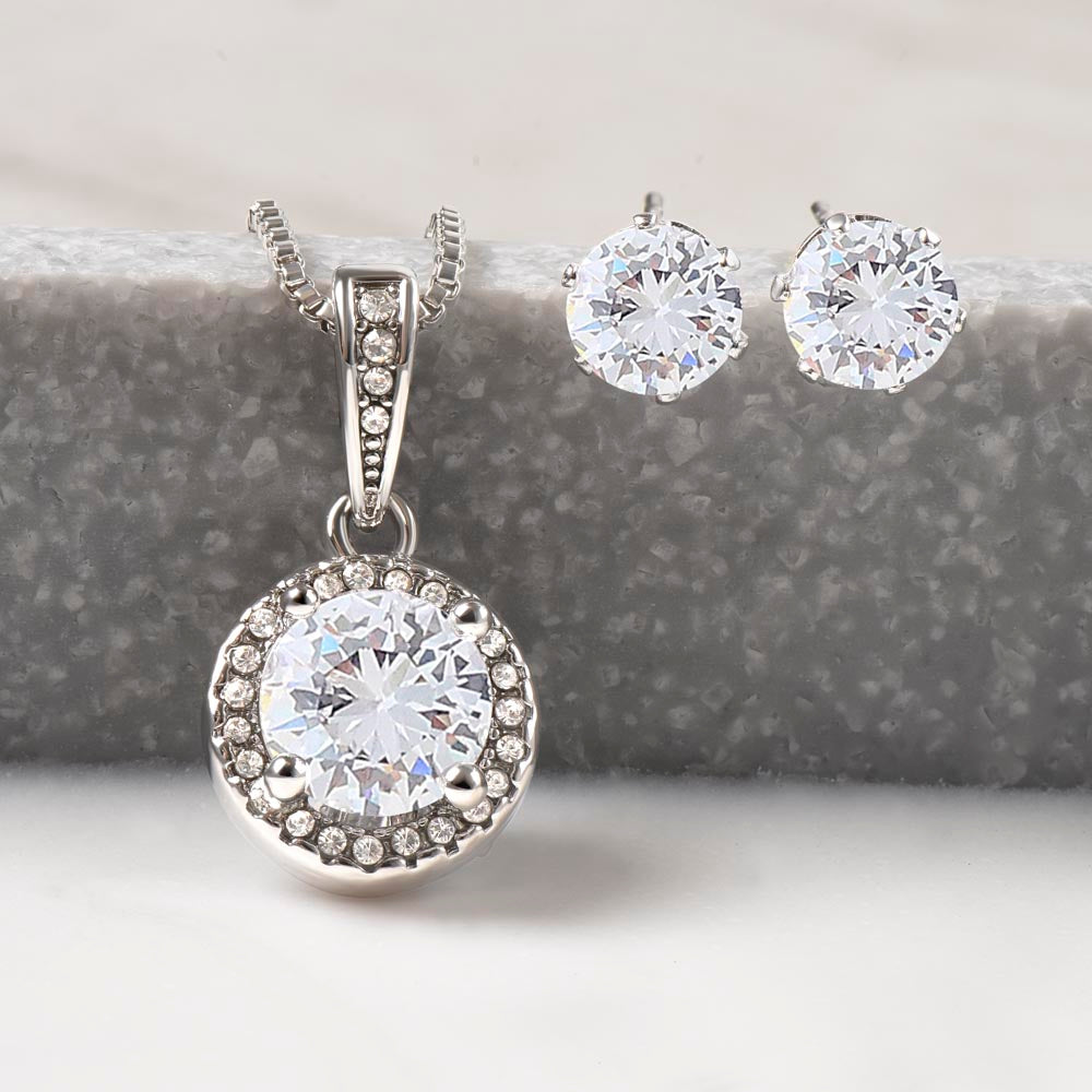 To My Amazing Adopted Mom - Eternal Hope Necklace & Clear CZ Earrings Set - Perfect Gift For Mom for Mother's Day - From her Son!