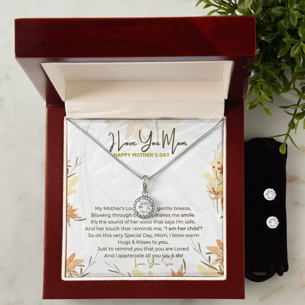 I Love You Mom - Eternal Hope Necklace & Clear CZ Earrings Set - Perfect Gift for Mother's Day - From your Son!