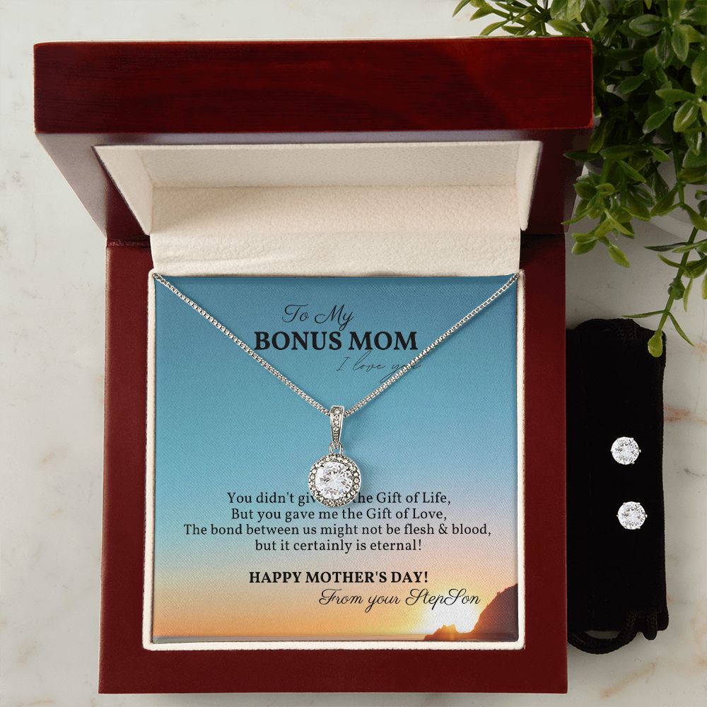 To my Bonus Mom - Eternal Hope Necklace & Clear CZ Earrings Set - Perfect Gift For my Bonus Mom for Mother's Day - From her StepSon!