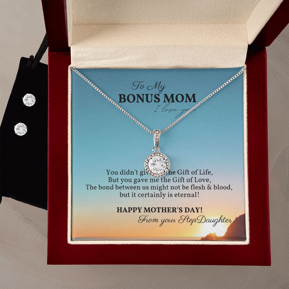 To my Bonus Mom - Eternal Hope Necklace & Clear CZ Earrings Set - Perfect Gift For my Bonus Mom for Mother's Day - From her StepDaughter!