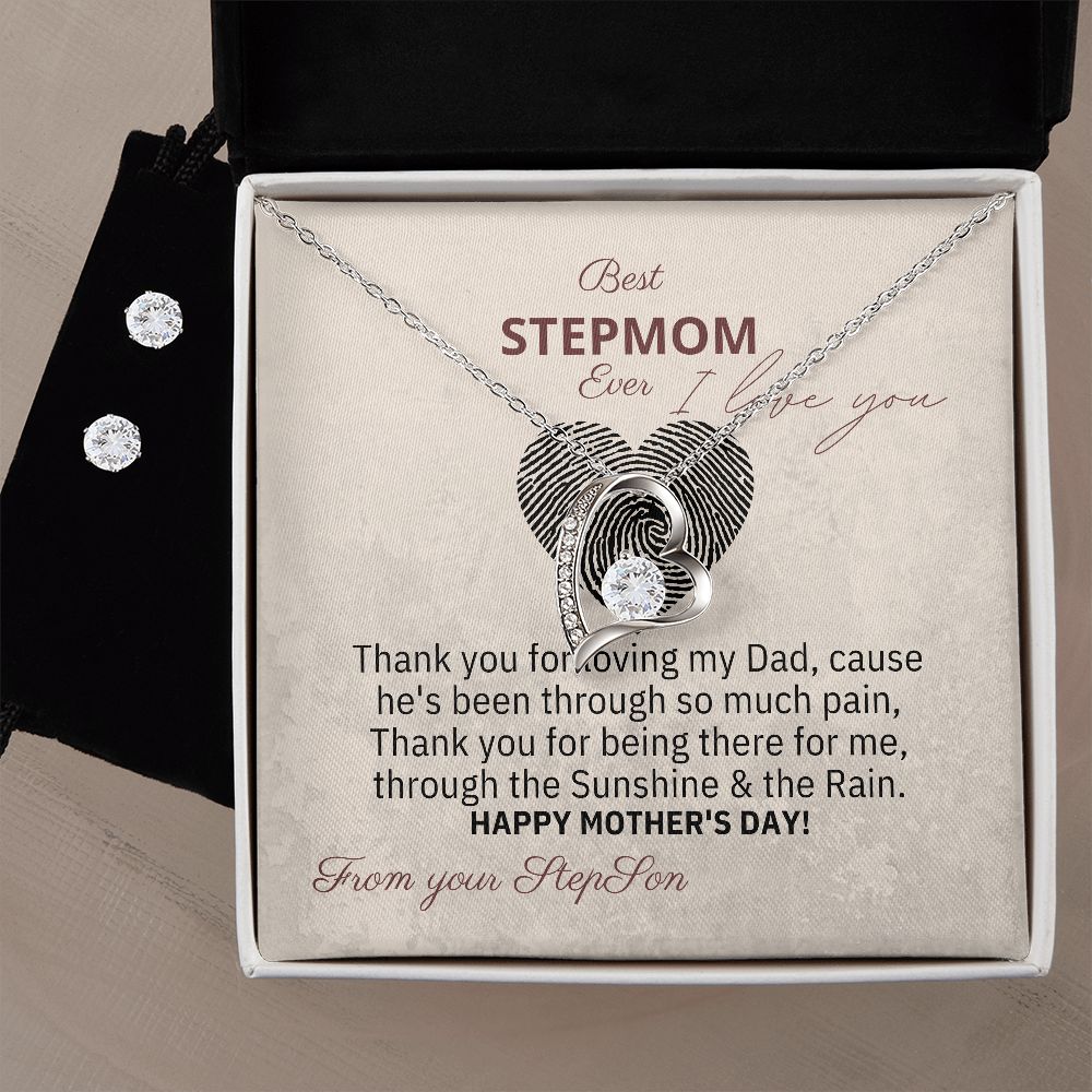 The Best Gift for the Best StepMom Ever - Forever Love Necklace & Clear CZ Earrings Set - HAPPY MOTHER'S DAY, from your StepSon!