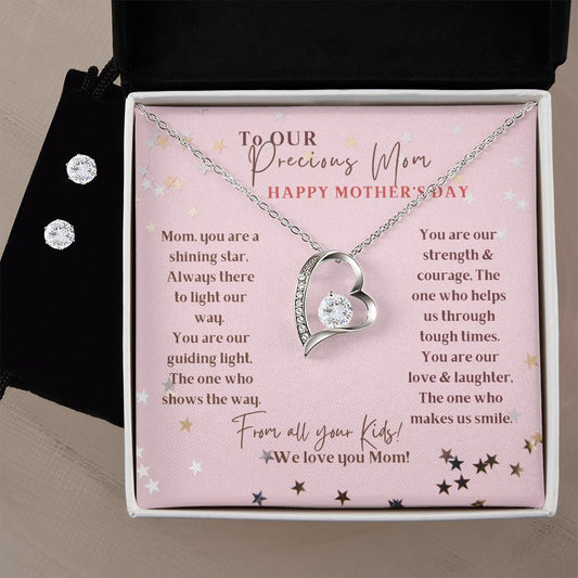 Forever Love Necklace & Clear CZ Earrings Set - the Perfect Gift to say "To our Precious Mom, Happy Mother's Day"