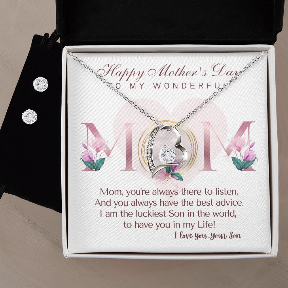 Forever Love Necklace & Clear CZ Earrings Set - the Perfect Gift to say "To my Wonderful Mom, Happy Mother's Day" - From your Son