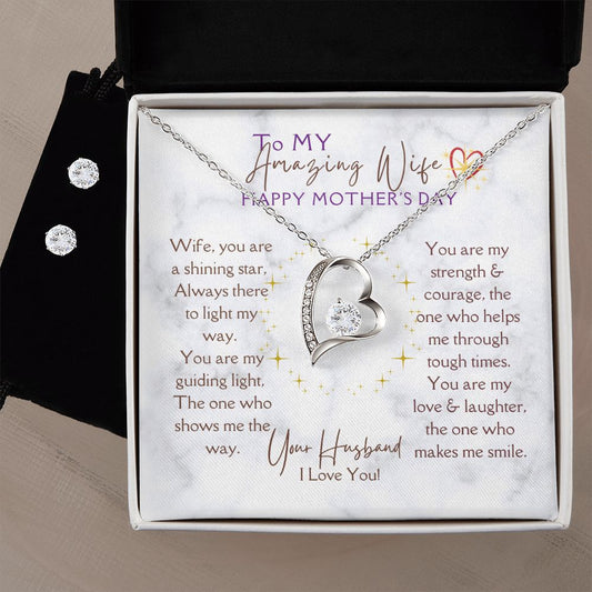 Forever Love Necklace & Clear CZ Earrings Set - the Perfect Gift from Husband to say "To My Amazing Wife, Happy Mother's Day"