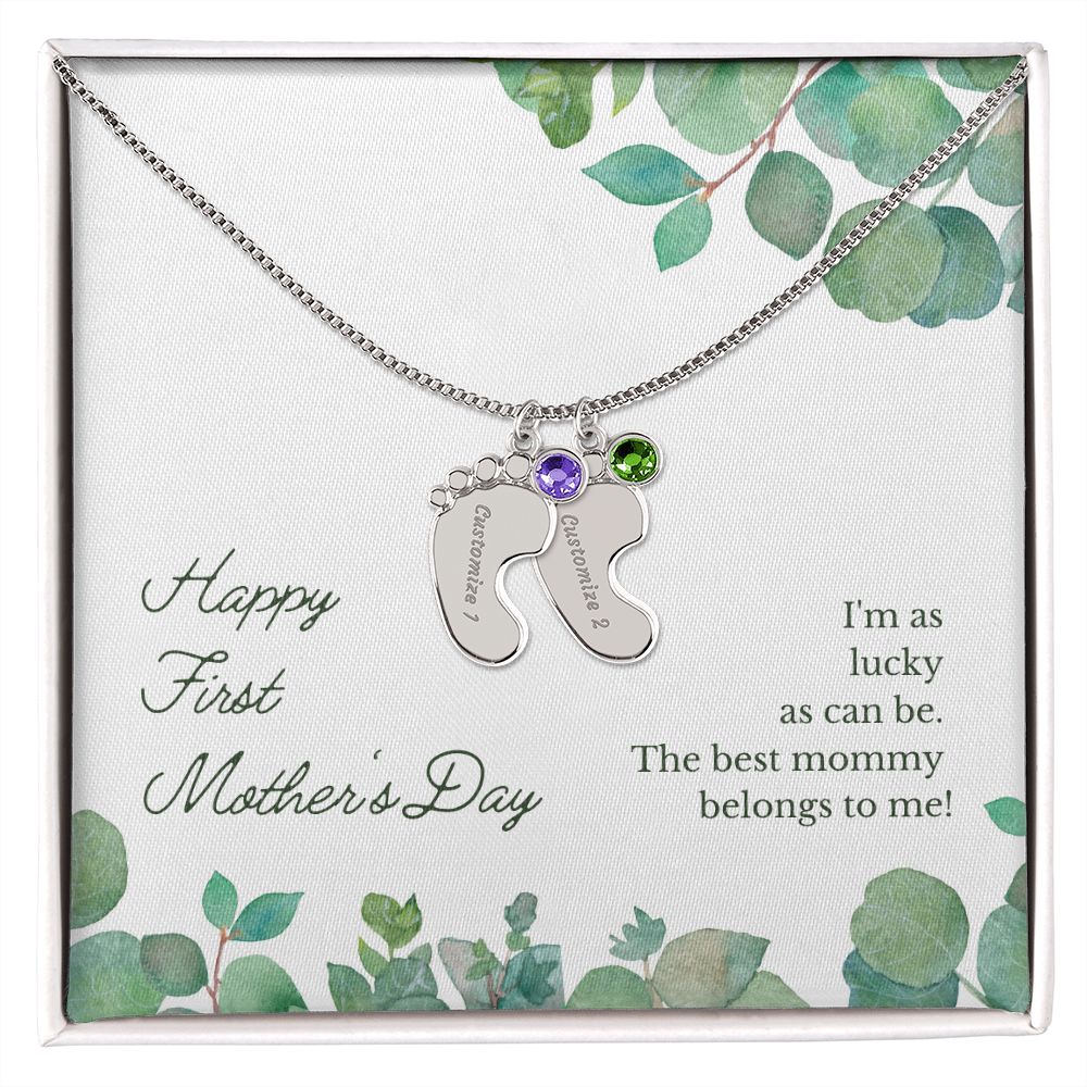 Happy First Mother's Day - PERSONALIZED Baby Feet Necklace with Birthstone - FOR MOM!