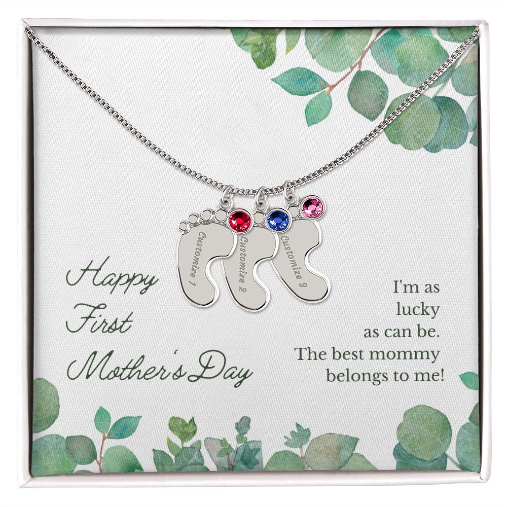 Happy First Mother's Day - PERSONALIZED Baby Feet Necklace with Birthstone - FOR MOM!