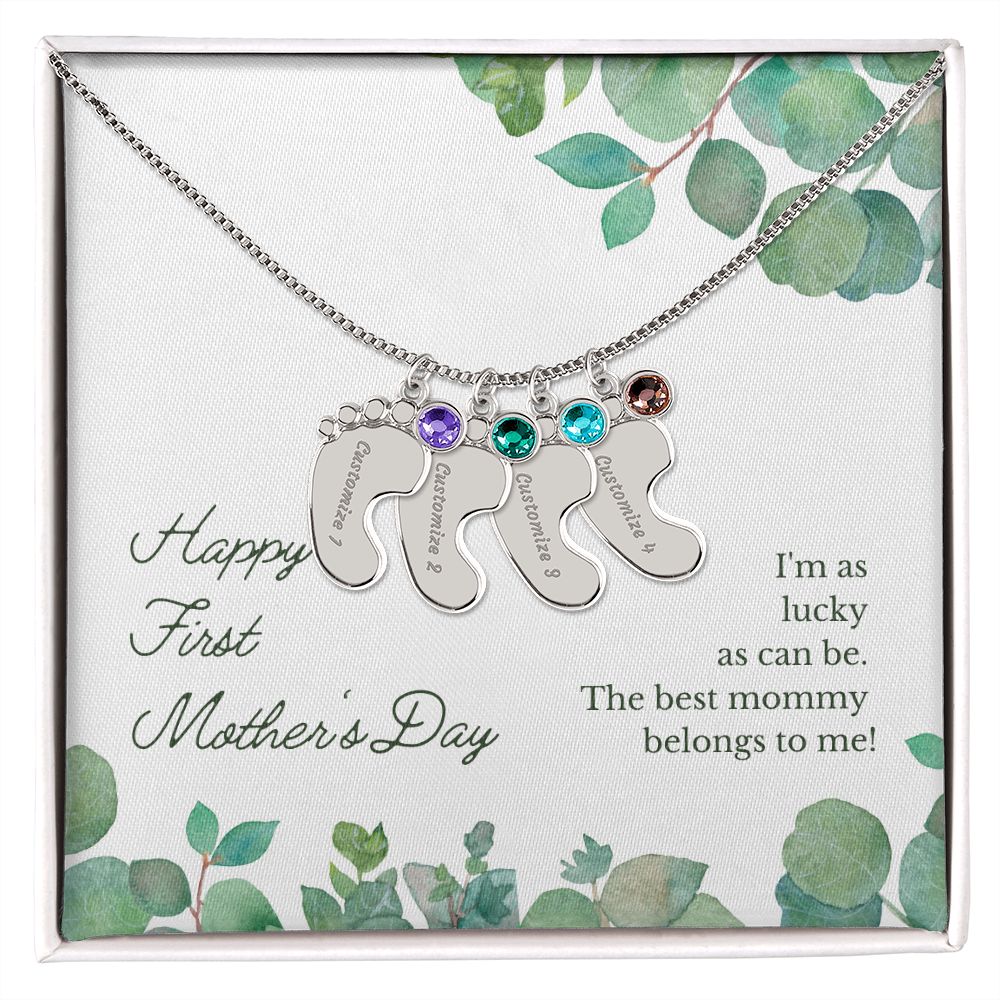 Happy First Mother's Day - PERSONALIZED Baby Feet Necklace with Birthstone - FOR MOM!