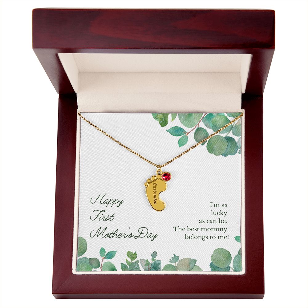 Happy First Mother's Day - PERSONALIZED Baby Feet Necklace with Birthstone - FOR MOM!